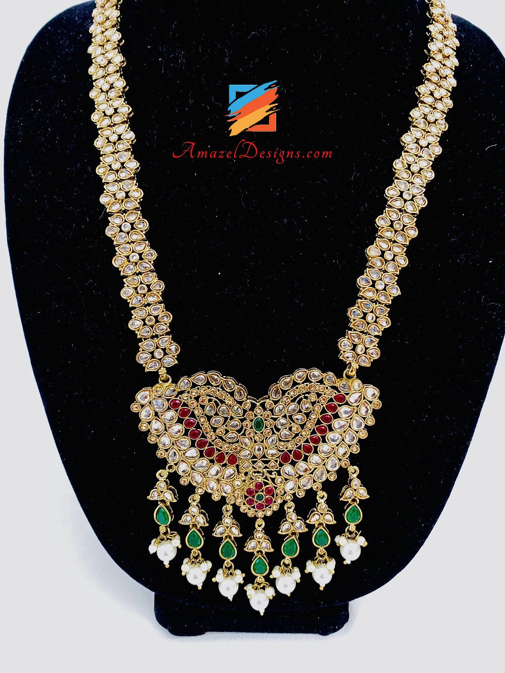 Haar Lungo Polki Multicolore Con Orecchini Stile Jhumki E Set Tikka