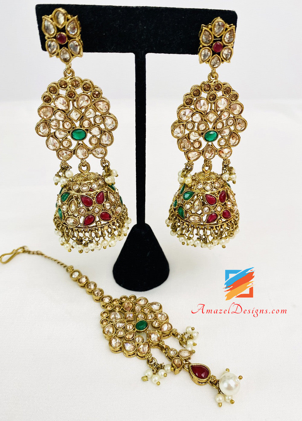 Haar Lungo Polki Multicolore Con Orecchini Stile Jhumki E Set Tikka