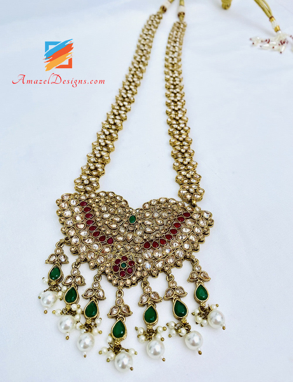 Haar Lungo Polki Multicolore Con Orecchini Stile Jhumki E Set Tikka