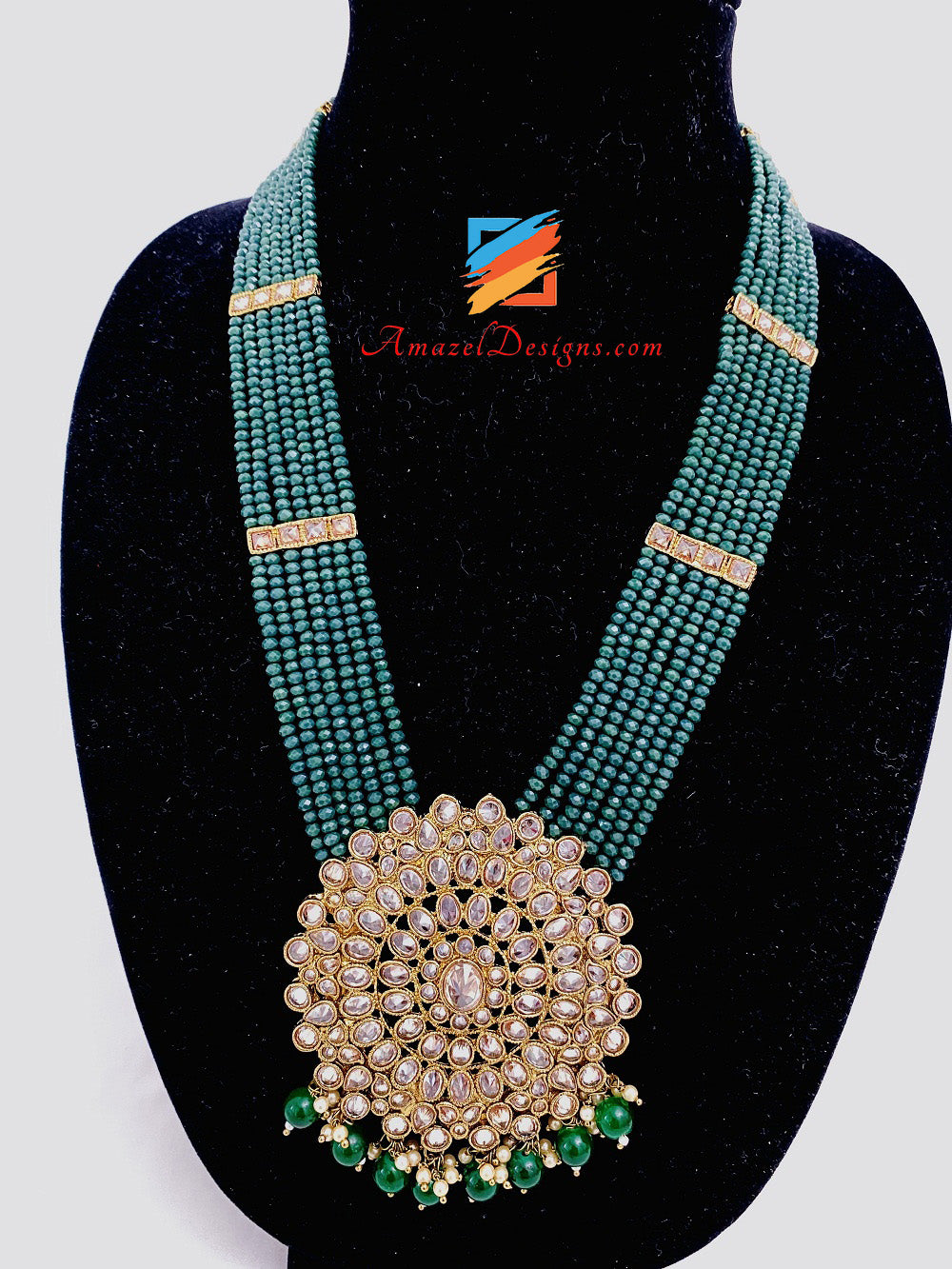 Set lungo Polki verde (smeraldo) Rani Haar Jhumki e Tikka