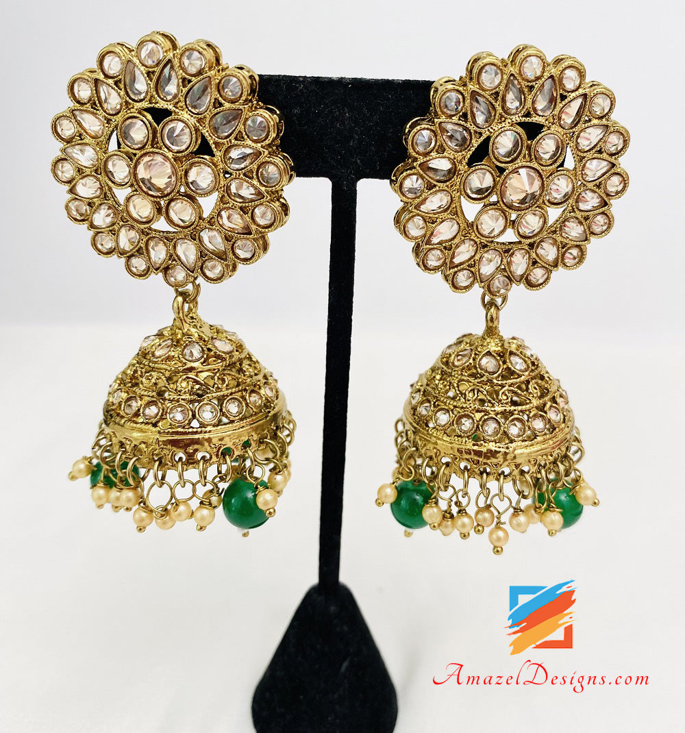 Set lungo Polki verde (smeraldo) Rani Haar Jhumki e Tikka