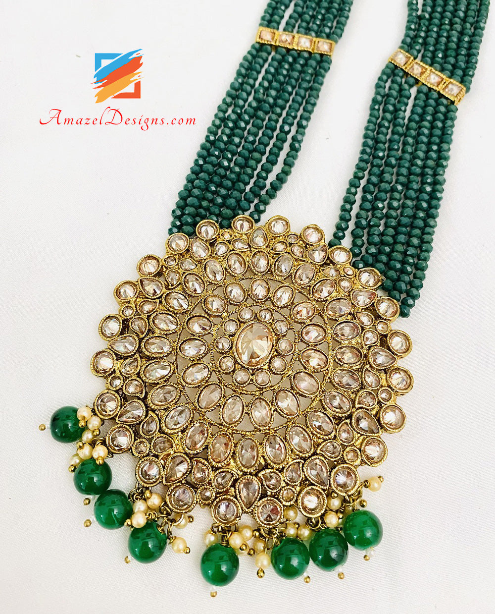 Set lungo Polki verde (smeraldo) Rani Haar Jhumki e Tikka