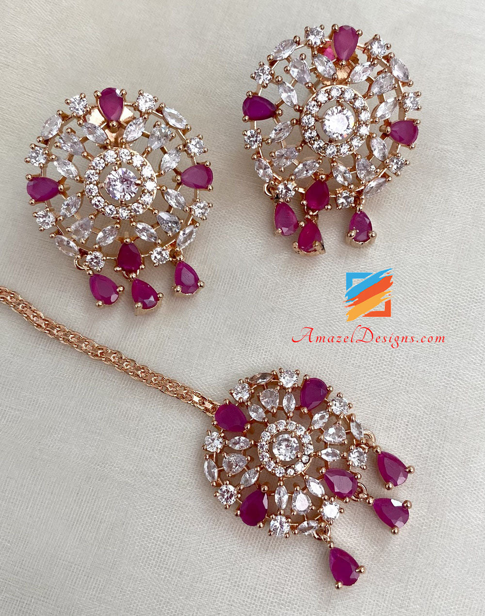 American Diamond (AD) Magenta Hot Pink Necklace Studs Tikka Set