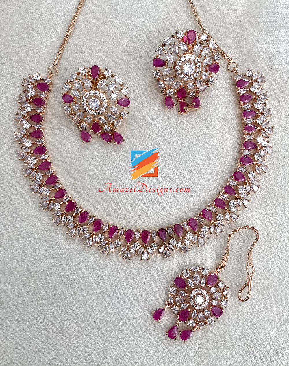American Diamond (AD) Magenta Hot Pink Necklace Studs Tikka Set