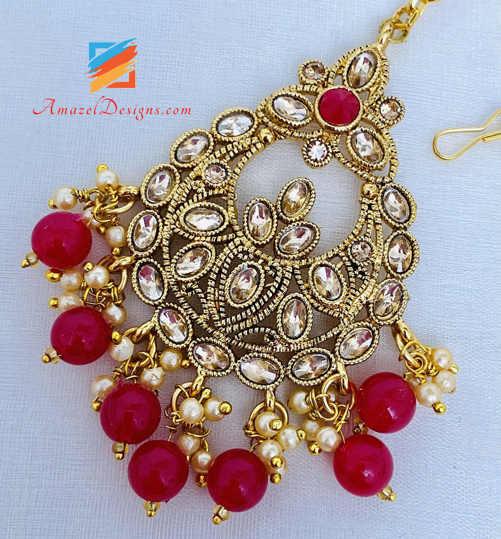 Magenta Hot Pink Golden Choker Earrings Tikka Set