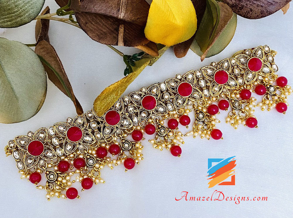 Magenta Hot Pink Golden Choker Earrings Tikka Set