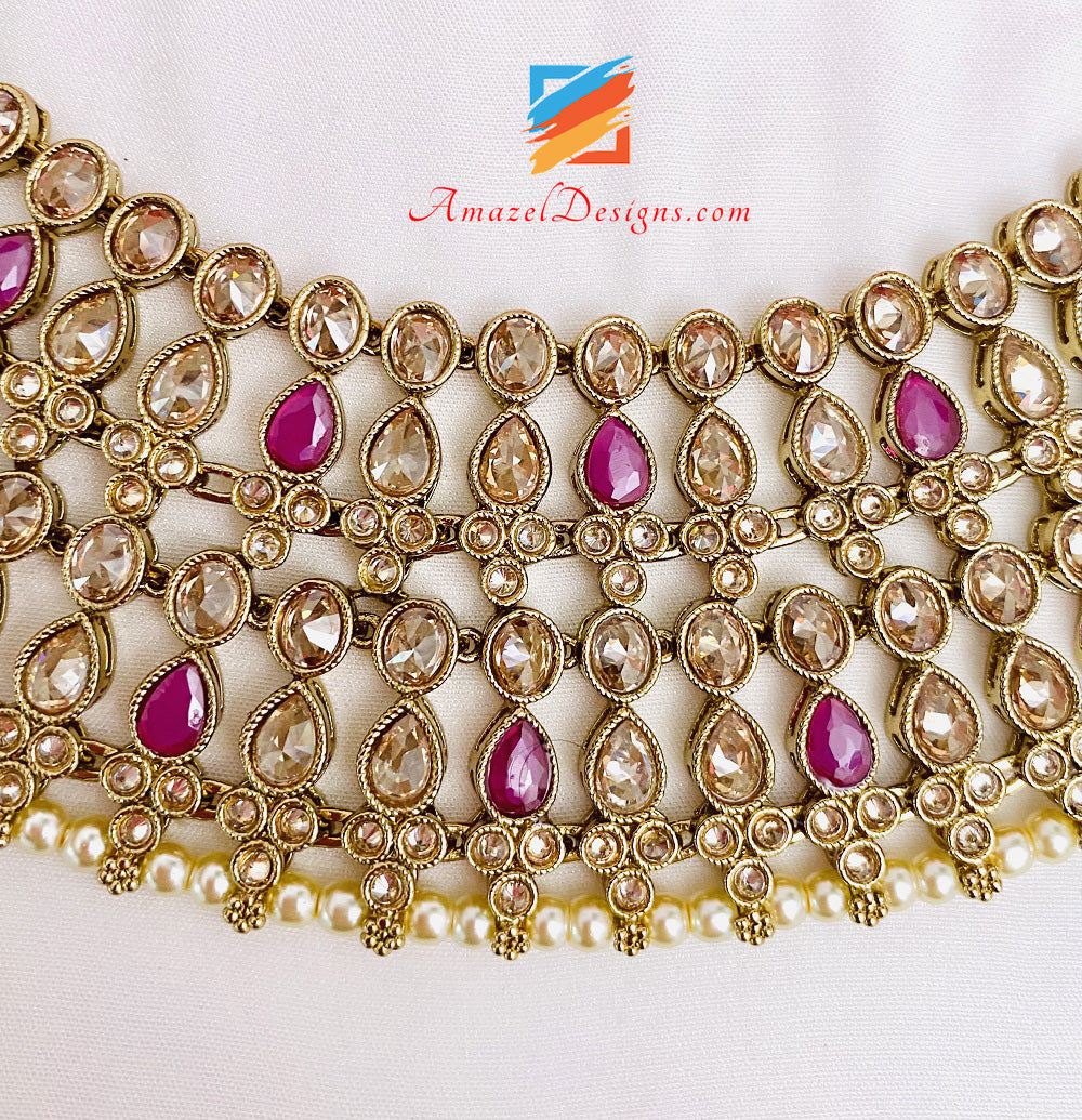 Magenta Hot Pink Halskette und Choker Ohrringe Tikka Set