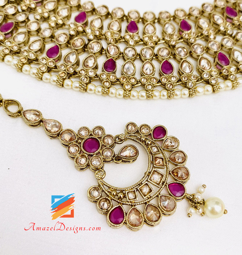 Magenta Hot Pink Halskette und Choker Ohrringe Tikka Set
