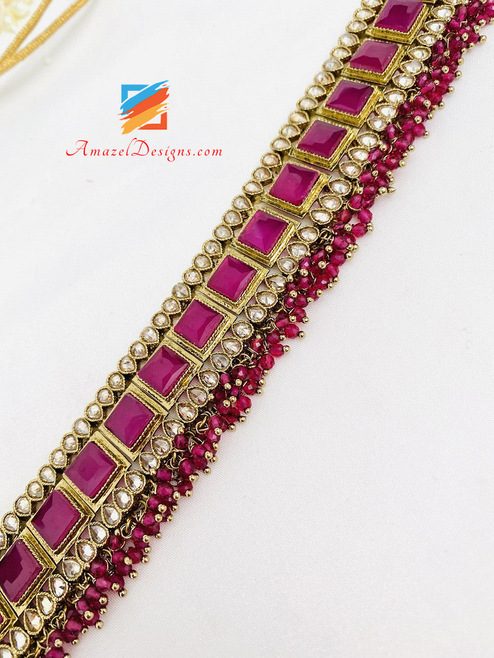 Magenta Hot Pink Halskette und Choker Ohrringe Tikka Set