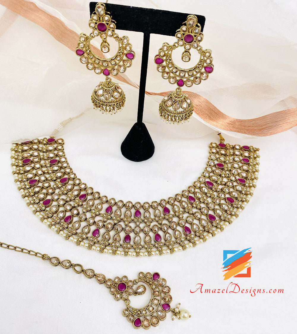 Magenta Hot Pink Halskette und Choker Ohrringe Tikka Set