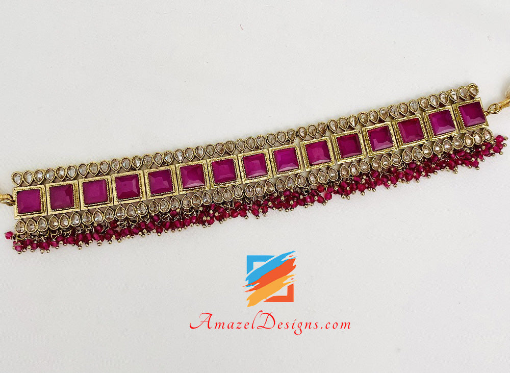 Magenta Hot Pink Halskette und Choker Ohrringe Tikka Set