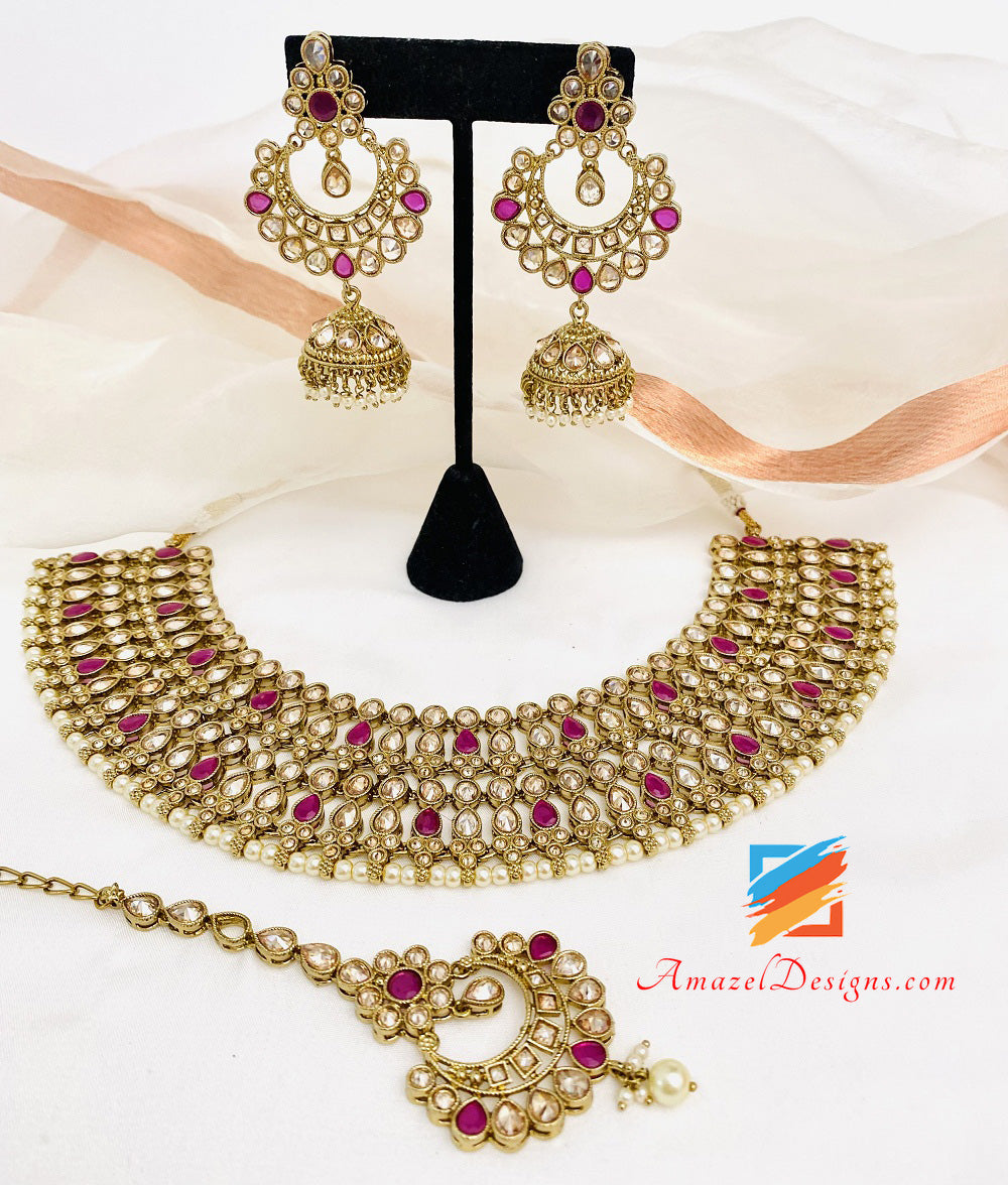 Magenta Hot Pink Halskette und Choker Ohrringe Tikka Set