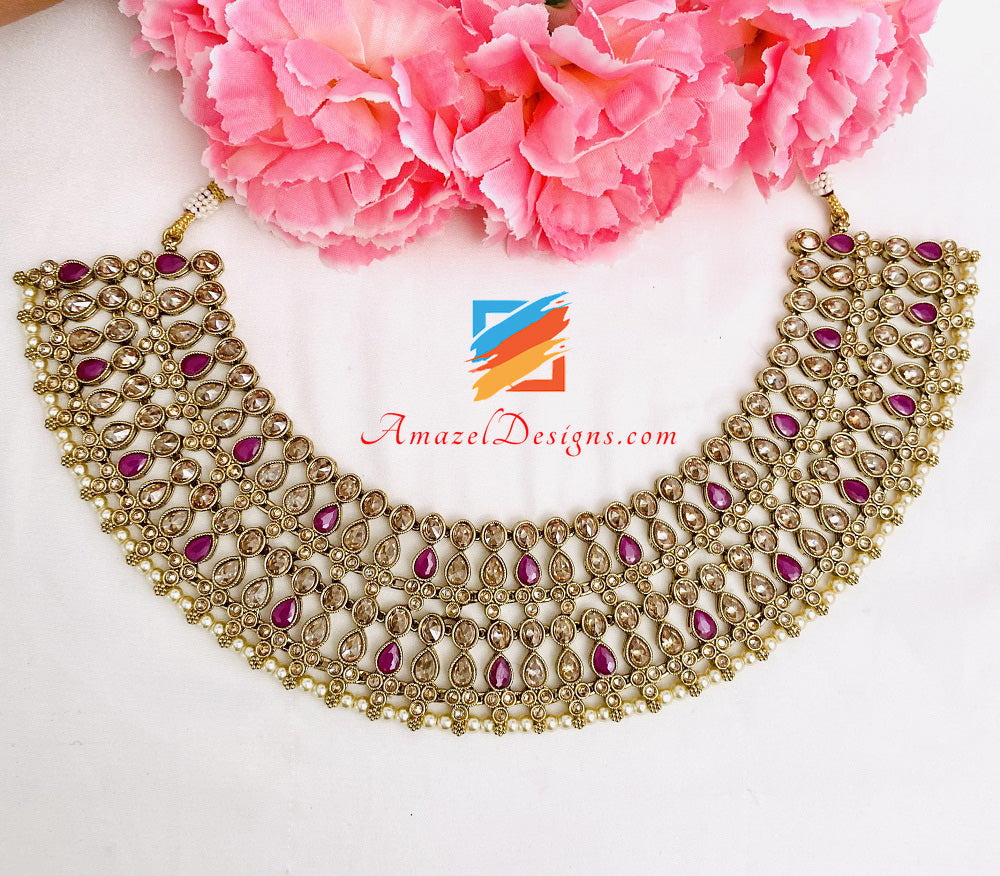 Magenta Hot Pink Halskette und Choker Ohrringe Tikka Set