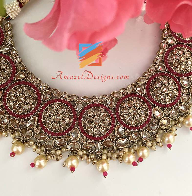 Magenta Polki White Beads Necklace and Jhumki Tikka Set