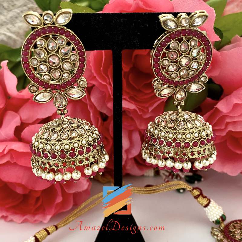 Magenta Polki White Beads Necklace and Jhumki Tikka Set