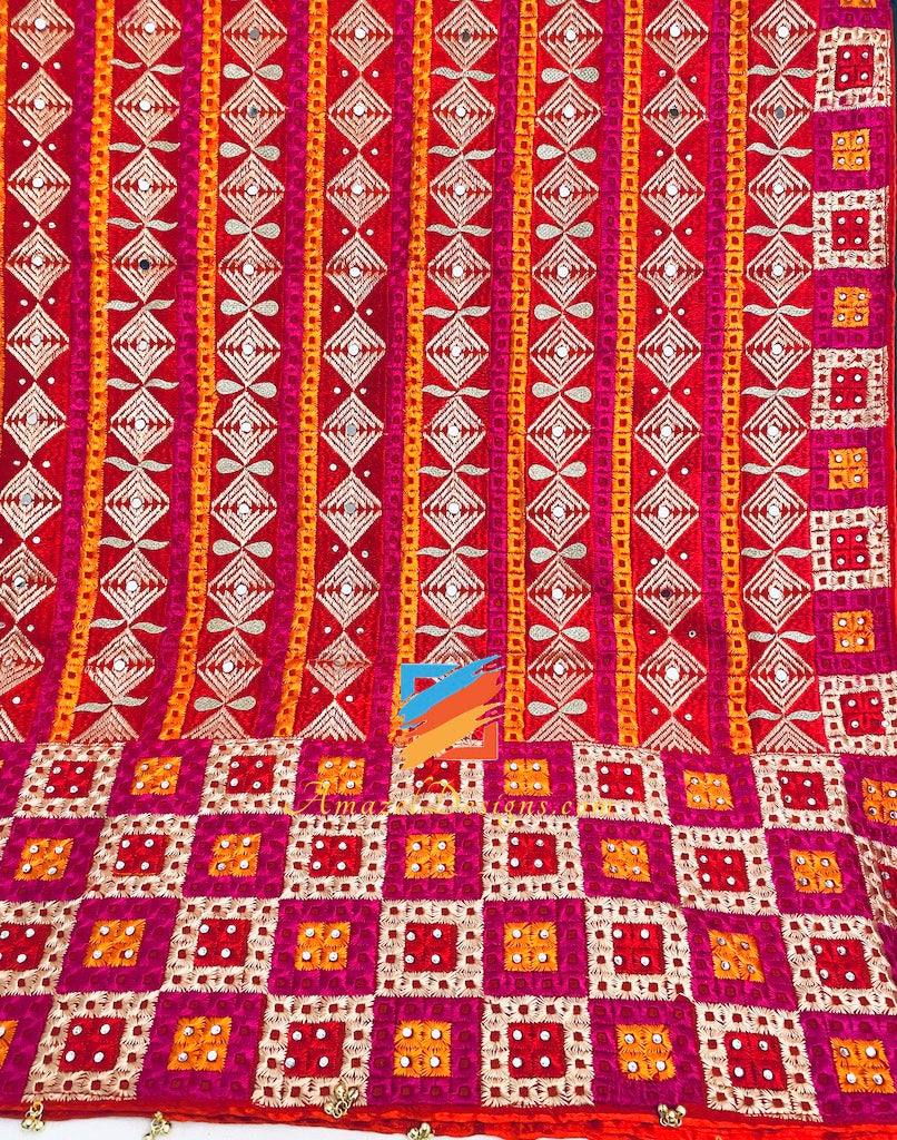 Magenta Red Kundan And Ghungroo Phulkari with Border