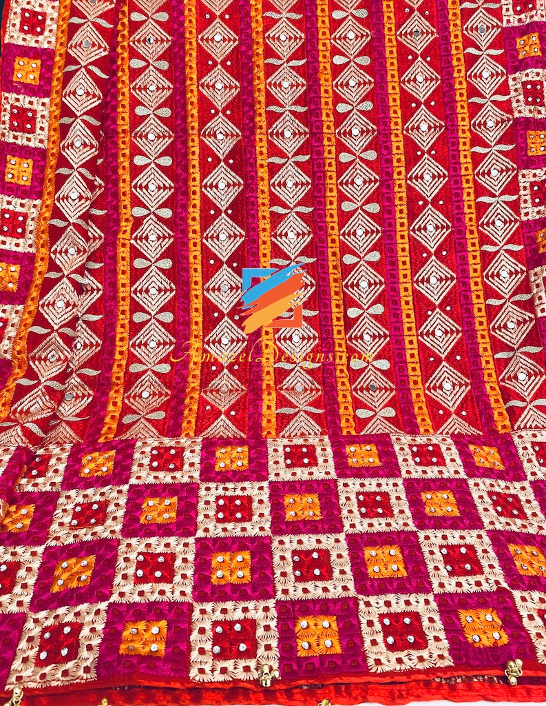 Magenta Red Kundan And Ghungroo Phulkari with Border