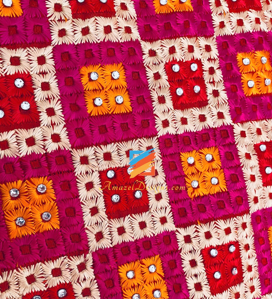 Magenta Red Kundan And Ghungroo Phulkari with Border