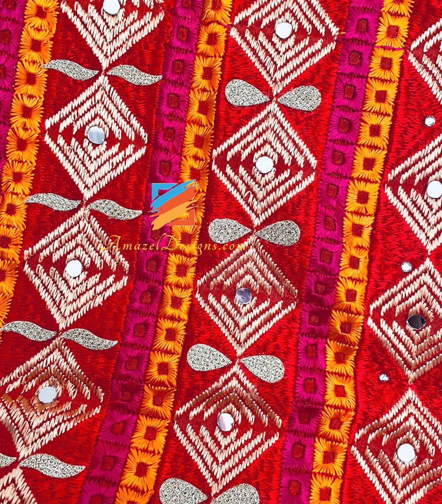 Magenta Red Kundan And Ghungroo Phulkari with Border