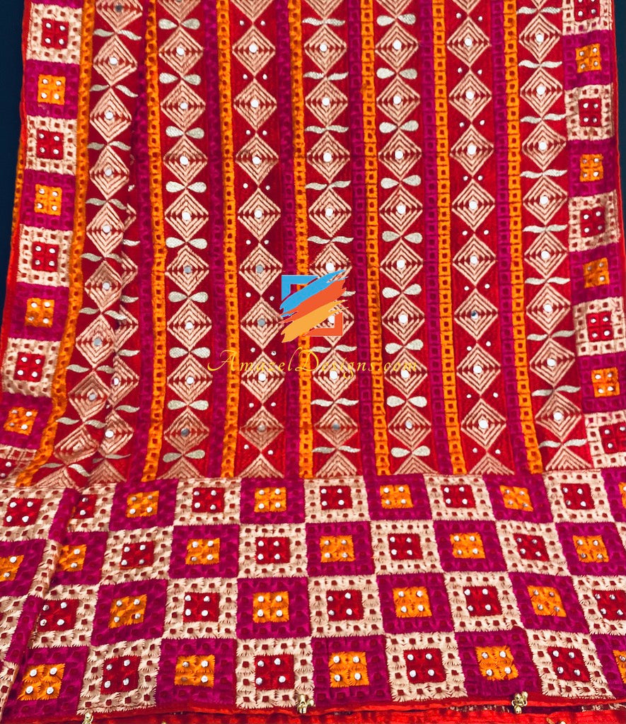 Magenta Red Kundan And Ghungroo Phulkari with Border