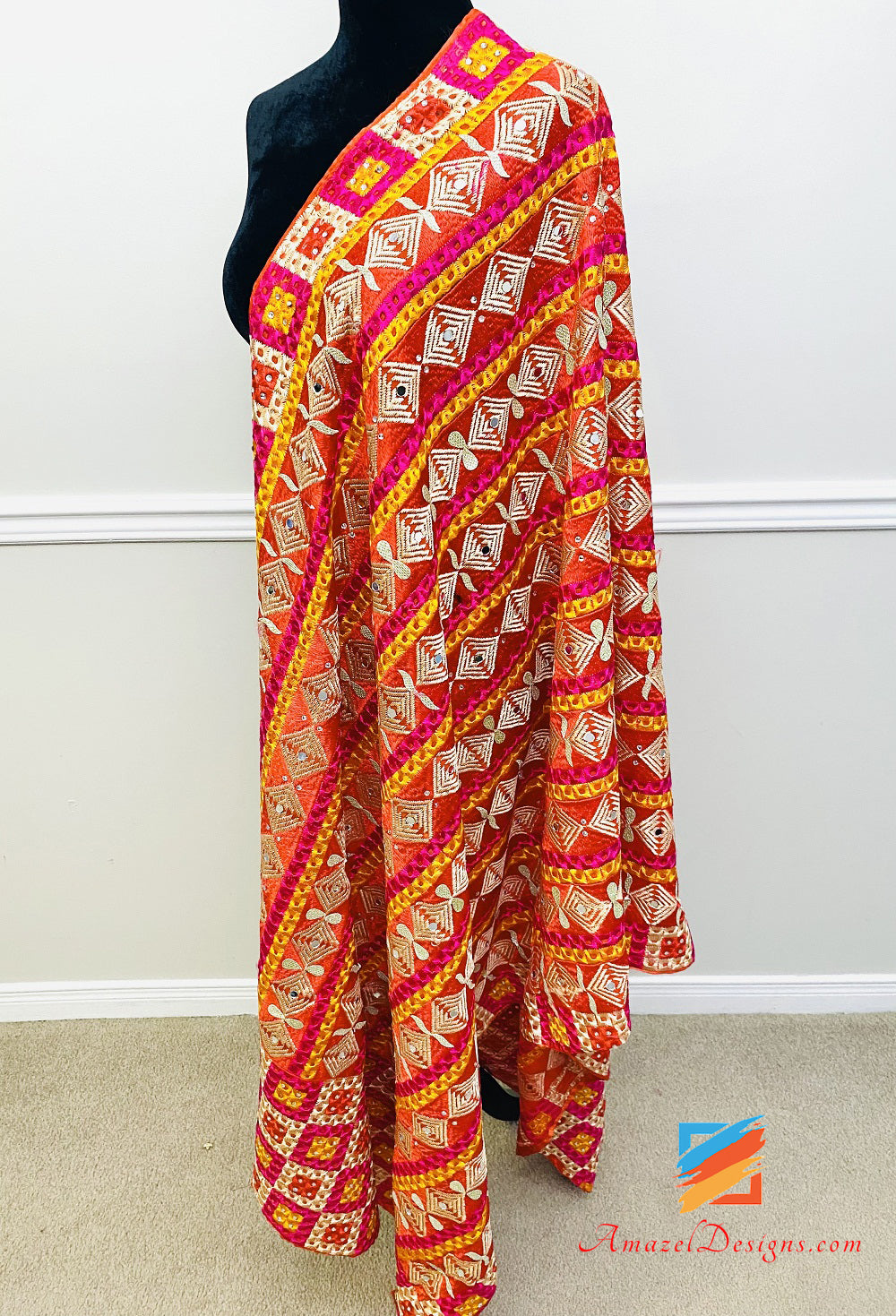 Magenta Red Kundan And Ghungroo Phulkari with Border