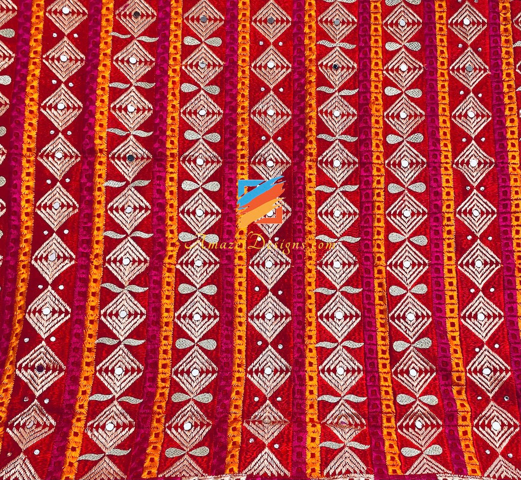 Magenta Red Kundan And Ghungroo Phulkari with Border