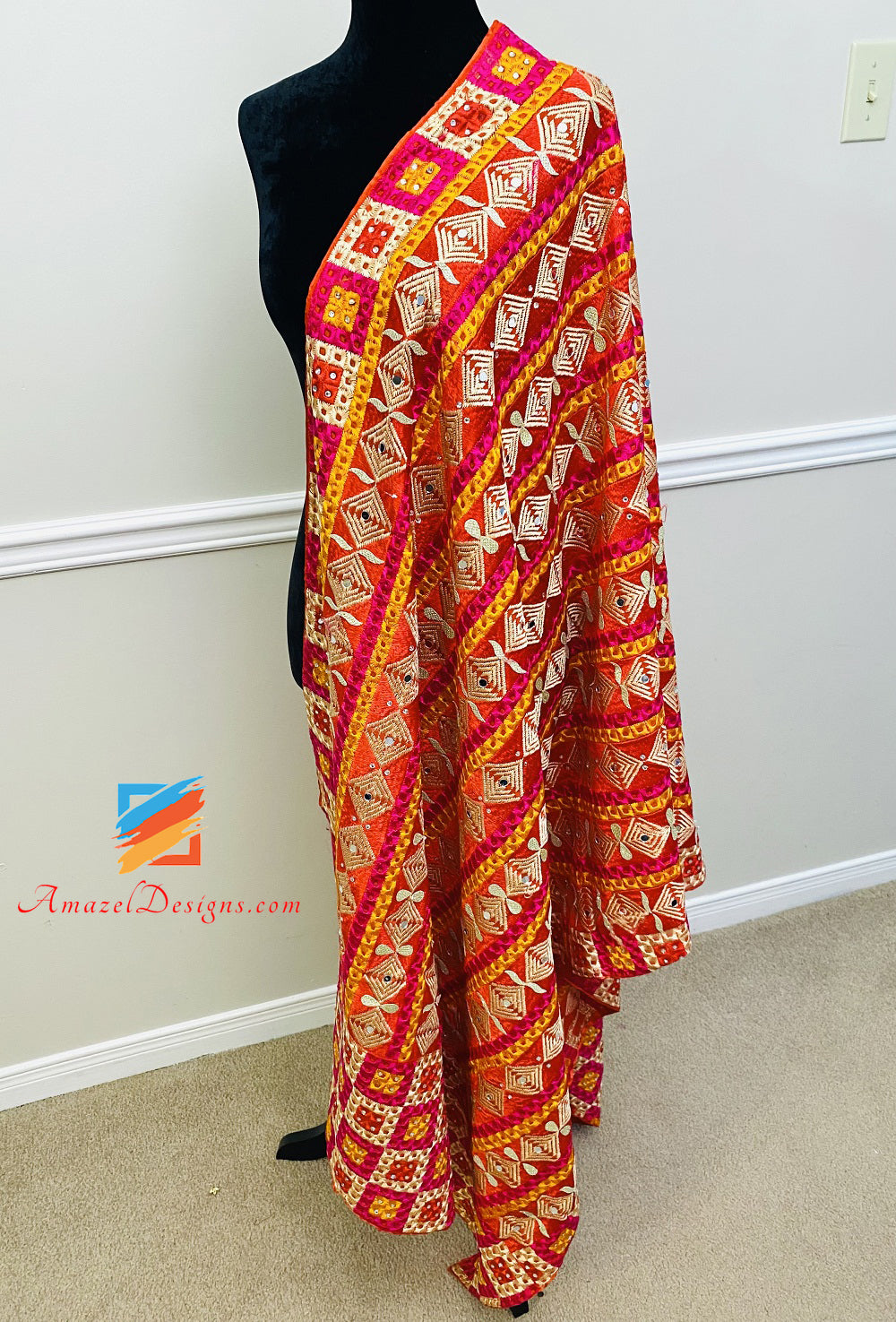 Magenta Red Kundan And Ghungroo Phulkari with Border