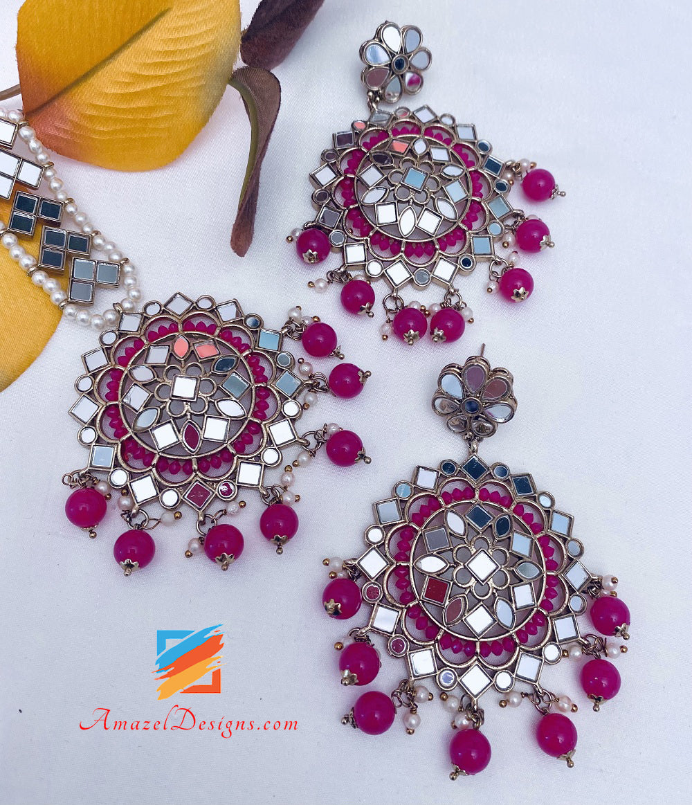 Magenta (rosa caldo) Orecchini Sheesha Set Tikka