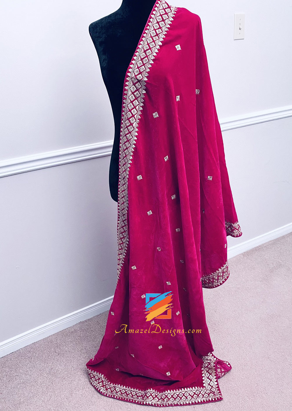 Magenta (Hot Pink) Sippi Tilla Work Velvet Shawl – Amazel Designs - Main Image