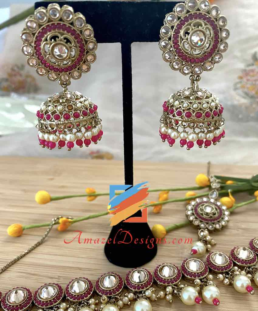 Magenta with Champagne Stones Choker Jhumki and Tikka Set