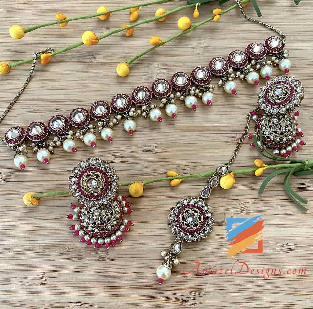 Magenta with Champagne Stones Choker Jhumki and Tikka Set
