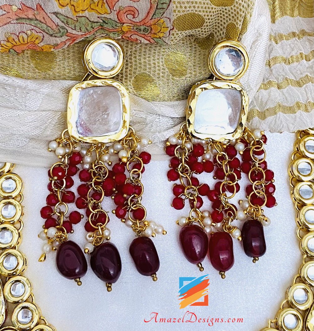 Maroon Big Size Kundan Collana Orecchini Set Tikka