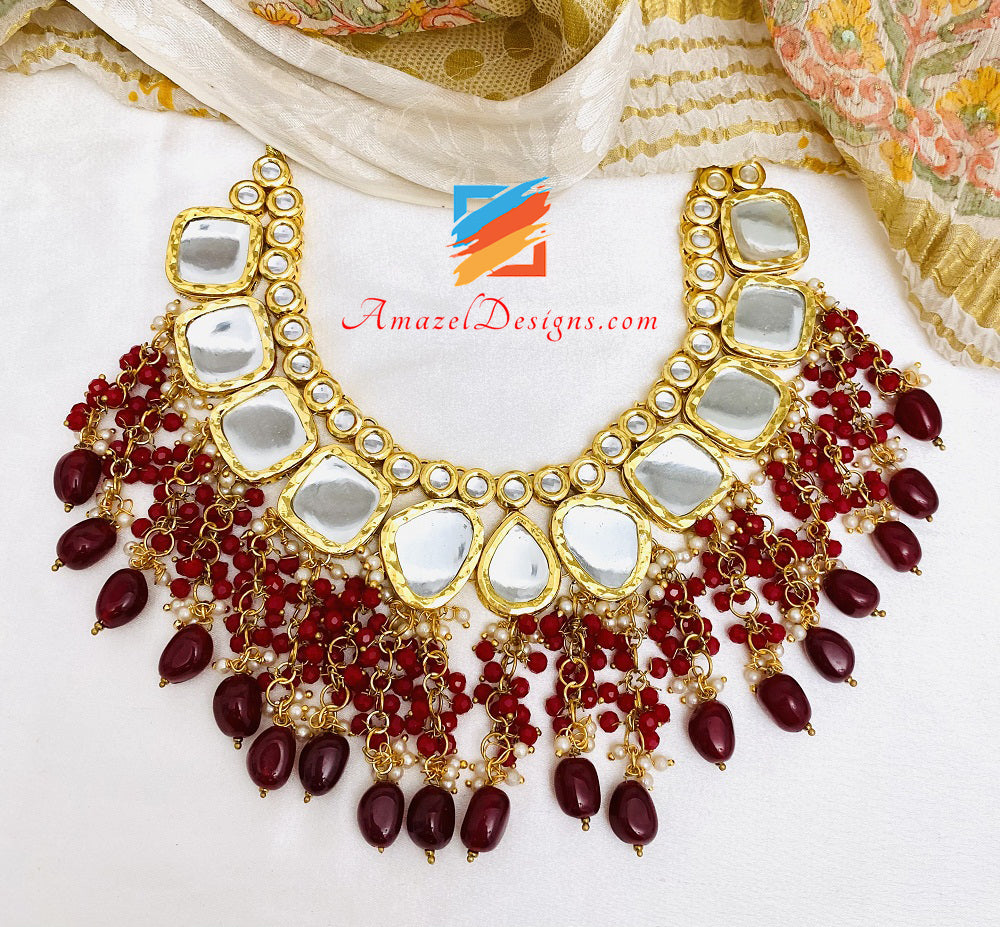 Maroon Big Size Kundan Collana Orecchini Set Tikka