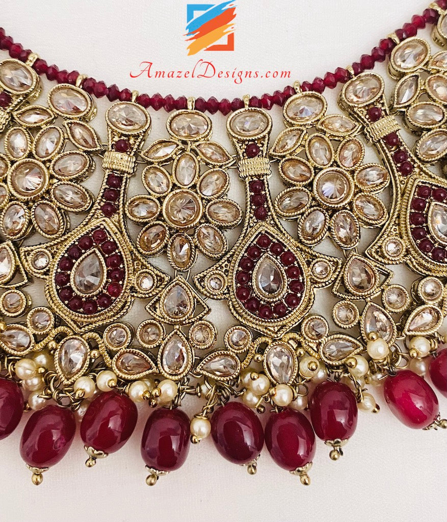 Maroon Polki Bridal Necklace Choker Earrings Tikka Nath and Passa Set