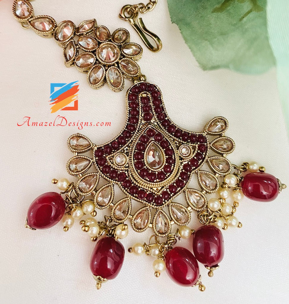 Maroon Polki Bridal Necklace Choker Earrings Tikka Nath and Passa Set