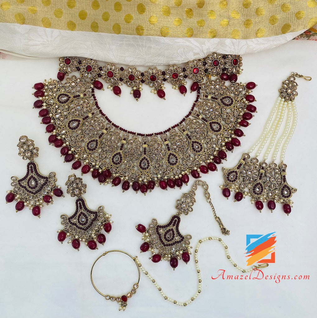 Maroon Polki Bridal Necklace Choker Earrings Tikka Nath and Passa