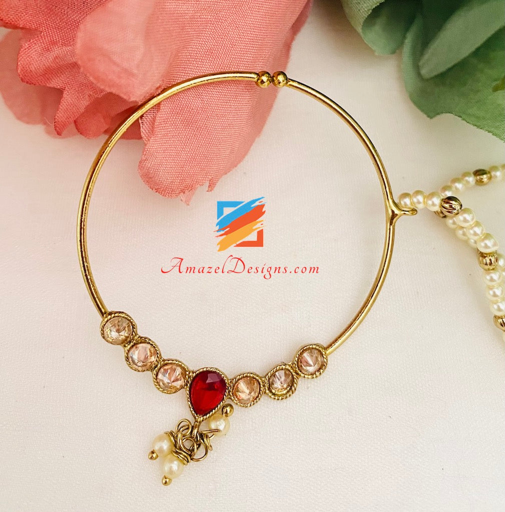 Maroon Polki Bridal Necklace Choker Earrings Tikka Nath and Passa Set