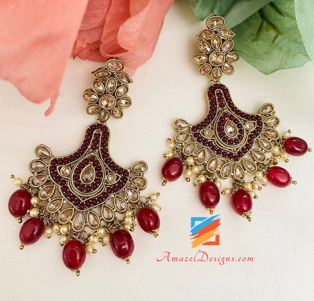 Maroon Polki Bridal Necklace Choker Earrings Tikka Nath and Passa Set