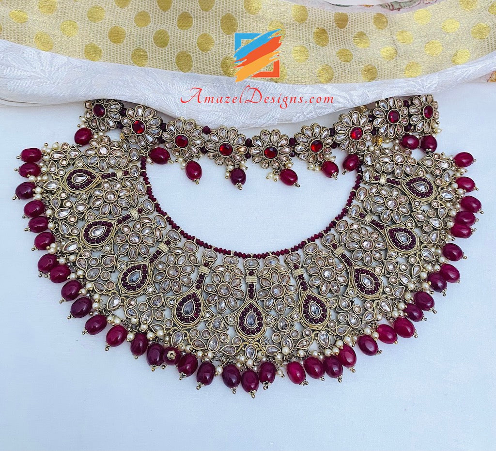 Maroon Polki Bridal Necklace Choker Earrings Tikka Nath and Passa Set