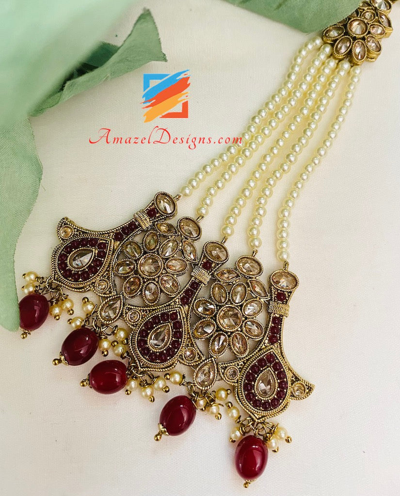 Maroon Polki Bridal Necklace Choker Earrings Tikka Nath and Passa Set