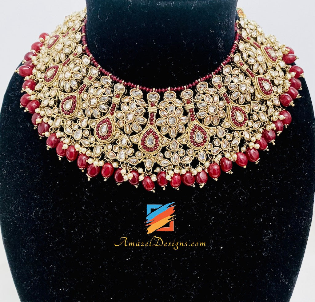 Maroon Polki Bridal Necklace Choker Earrings Tikka Nath and Passa Set