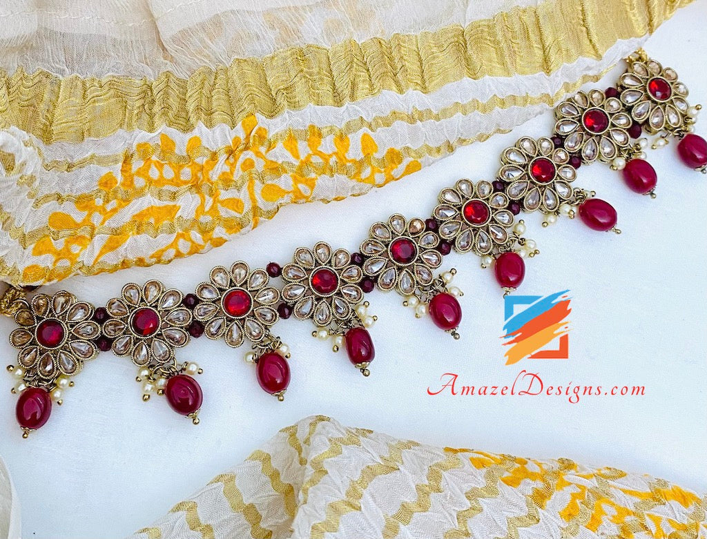 Maroon Polki Bridal Necklace Choker Earrings Tikka Nath and Passa Set