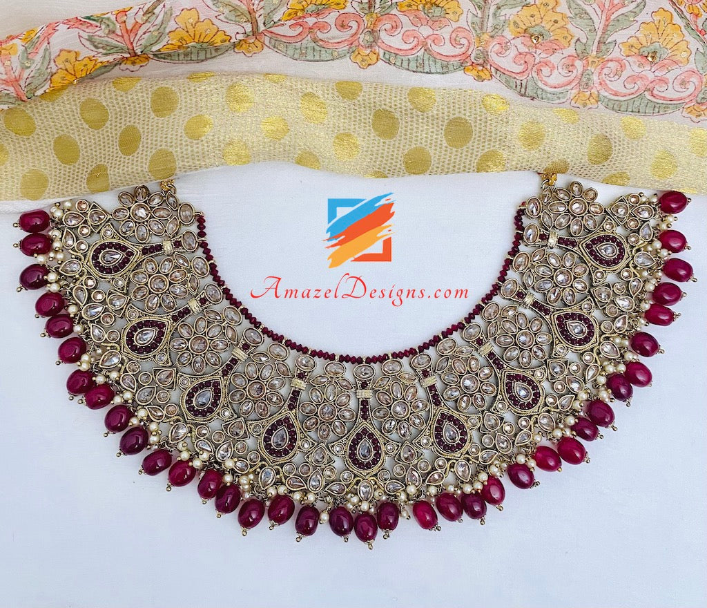 Maroon Polki Bridal Necklace Choker Earrings Tikka Nath and Passa Set