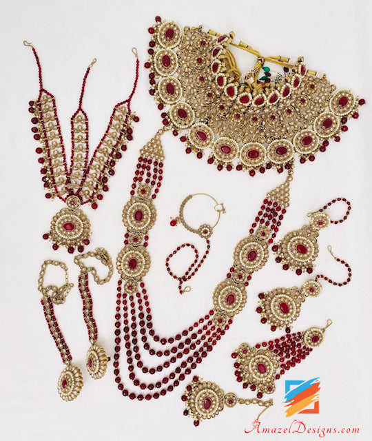 Polki Maroon Bridal Necklace Long Mala Tikka Hand Piece Matha Patti Nath Passa Earrings Full Set