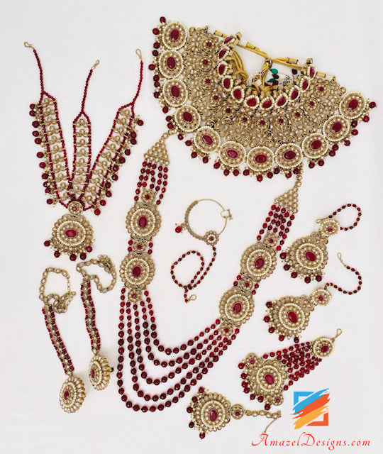 Polki Maroon Braut Halskette Lange Mala Tikka Handstück Matha Patti Nath Passa Ohrringe Komplettes Set
