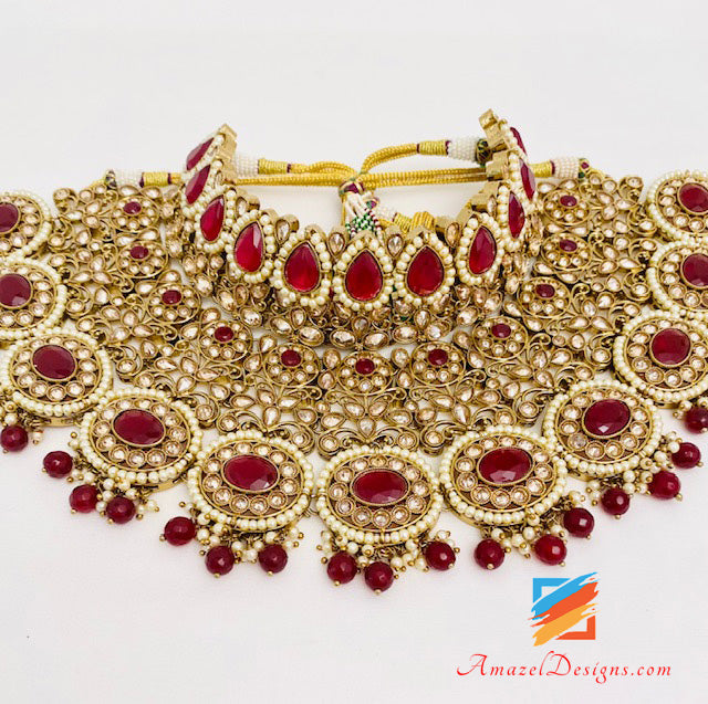 Polki Maroon Braut Halskette Lange Mala Tikka Handstück Matha Patti Nath Passa Ohrringe Komplettes Set