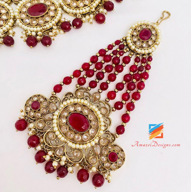 Polki Maroon Braut Halskette Lange Mala Tikka Handstück Matha Patti Nath Passa Ohrringe Komplettes Set