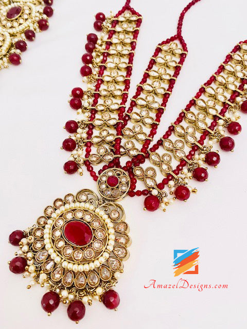 Polki Maroon Braut Halskette Lange Mala Tikka Handstück Matha Patti Nath Passa Ohrringe Komplettes Set