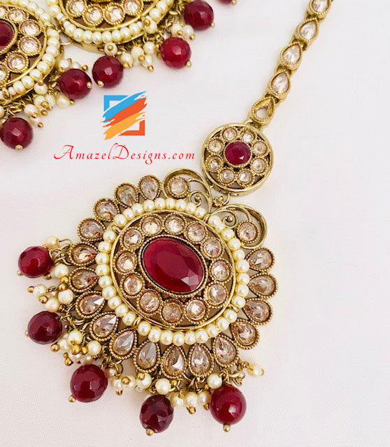 Polki Maroon Braut Halskette Lange Mala Tikka Handstück Matha Patti Nath Passa Ohrringe Komplettes Set