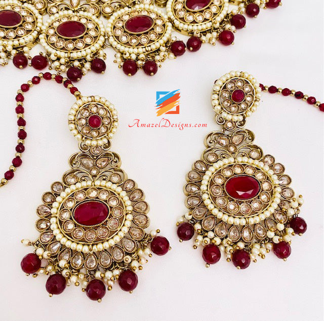 Polki Maroon Braut Halskette Lange Mala Tikka Handstück Matha Patti Nath Passa Ohrringe Komplettes Set